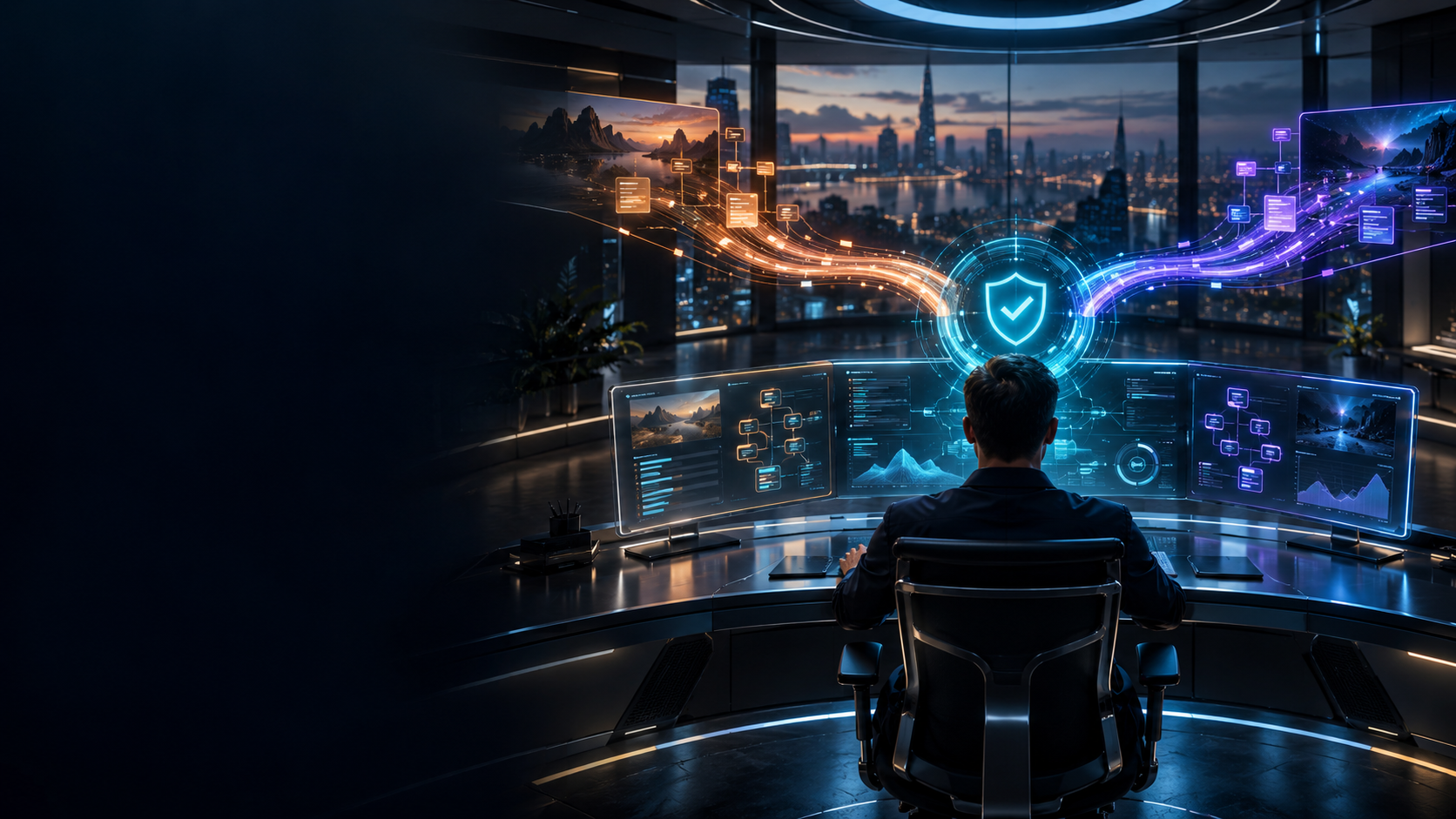 Illustration of a human operator reviewing separate agent workstreams in a command centre